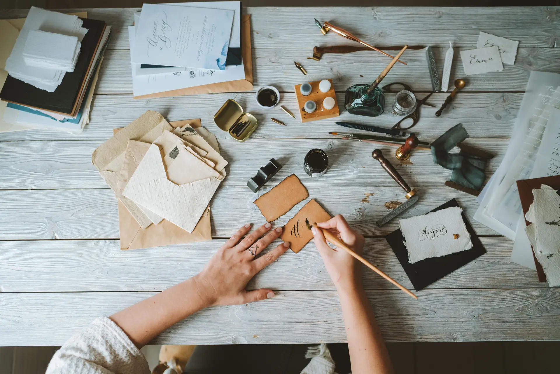 Calligraphy workstation with kit materials